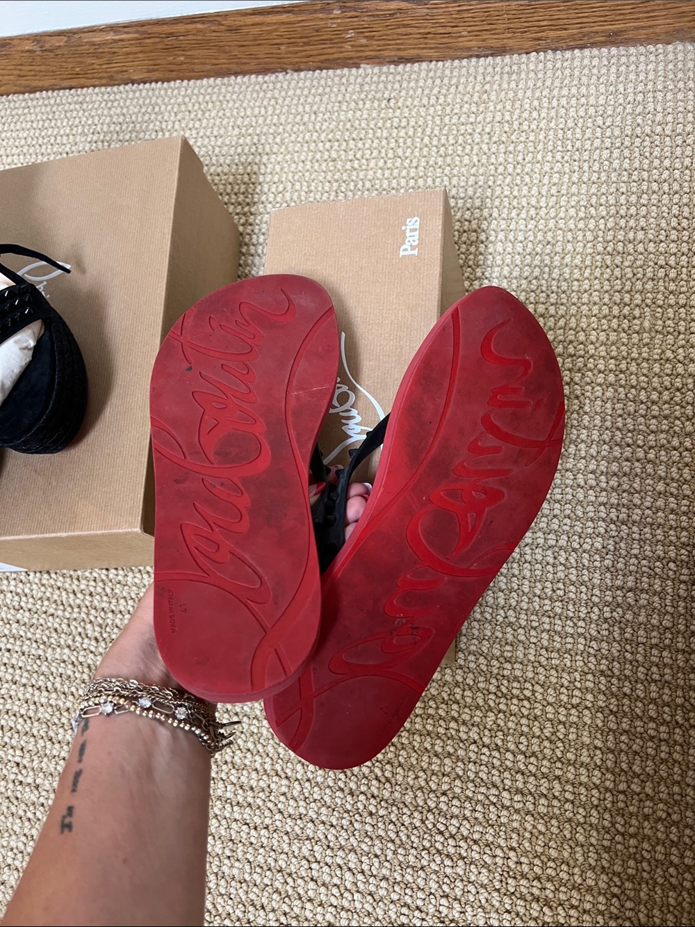 Christian Louboutin Red and Black Studded Thong Sandals - Picture 4 of 4